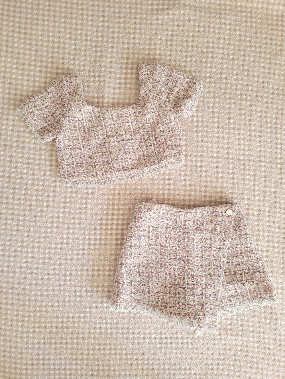 Zara Pink and Cream Tweed Cropped Jacket Set
